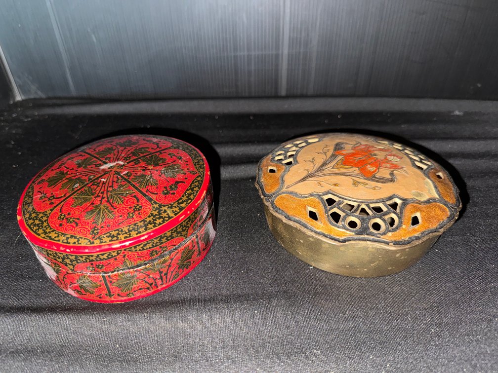 Lacquered Coaster Box and Pierced Brass Trinket Box