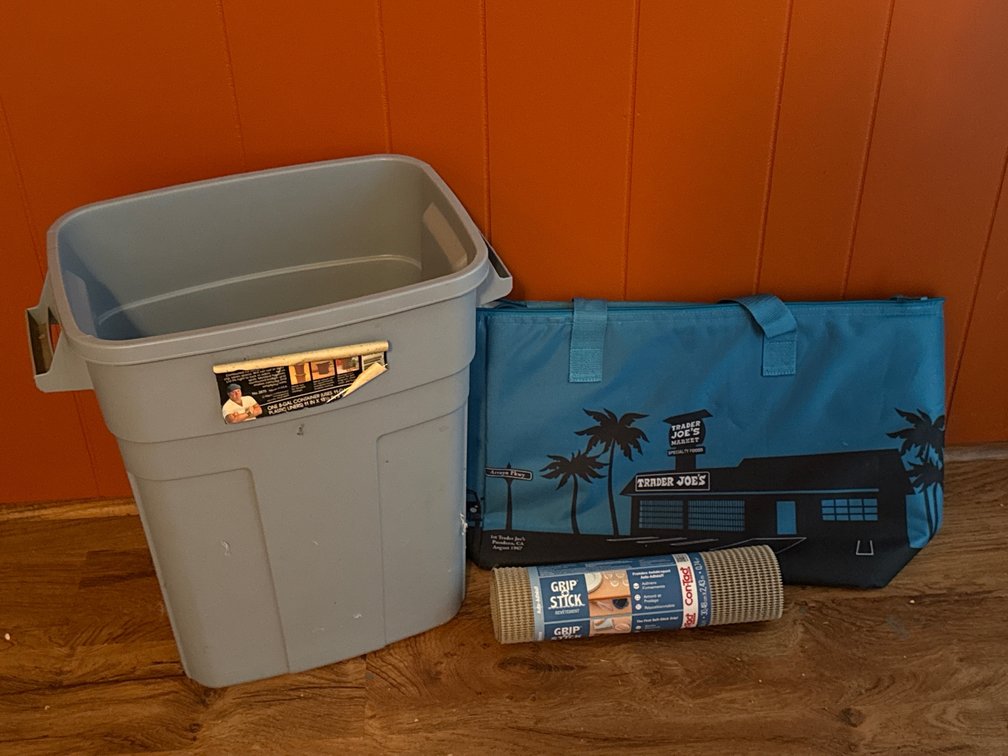 Rubbermaid Trash Can, Insulated Tote Bag, and Shelf Liner