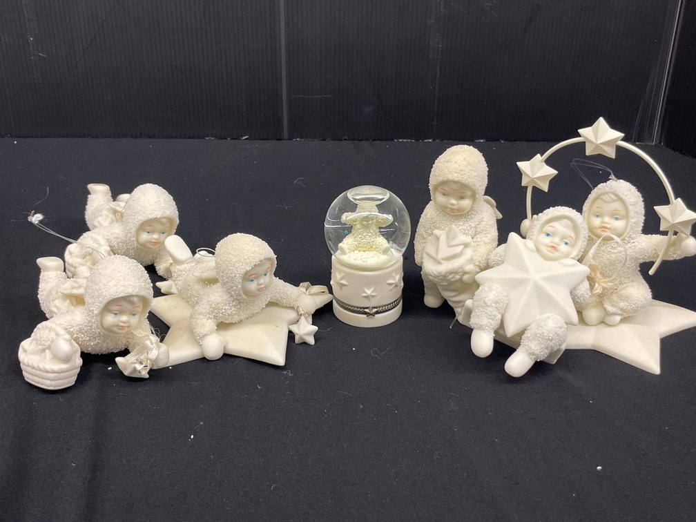 White Bisque Porcelain Figurines and Snow Globe Trinket Box