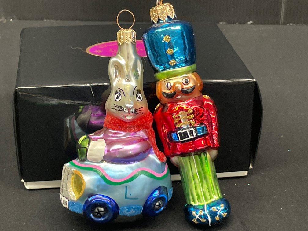 Blown Glass Rabbit and Nutcracker Christmas Ornaments