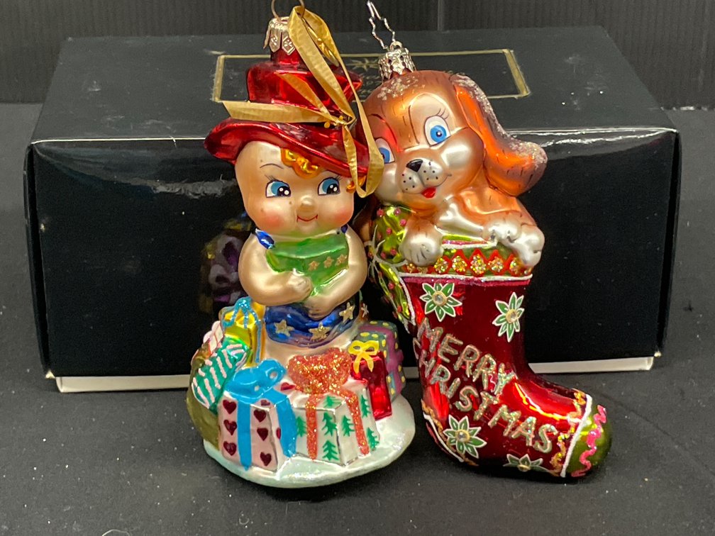 Blown Glass Cherub and Dog Christmas Ornaments
