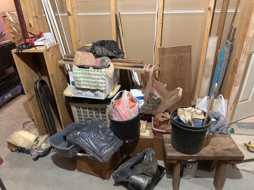 Utility Shelving, Wooden Bench, and Workshop Supplies