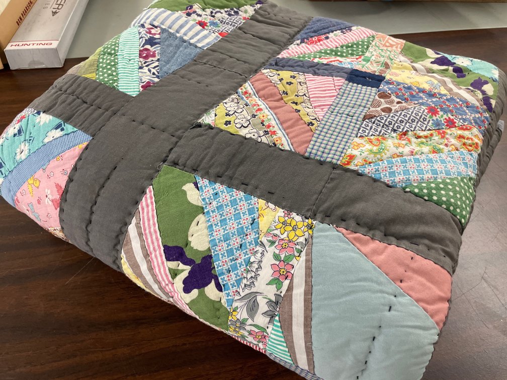 Hand-Quilted Patchwork Scrap Quilt with Gray Sashing