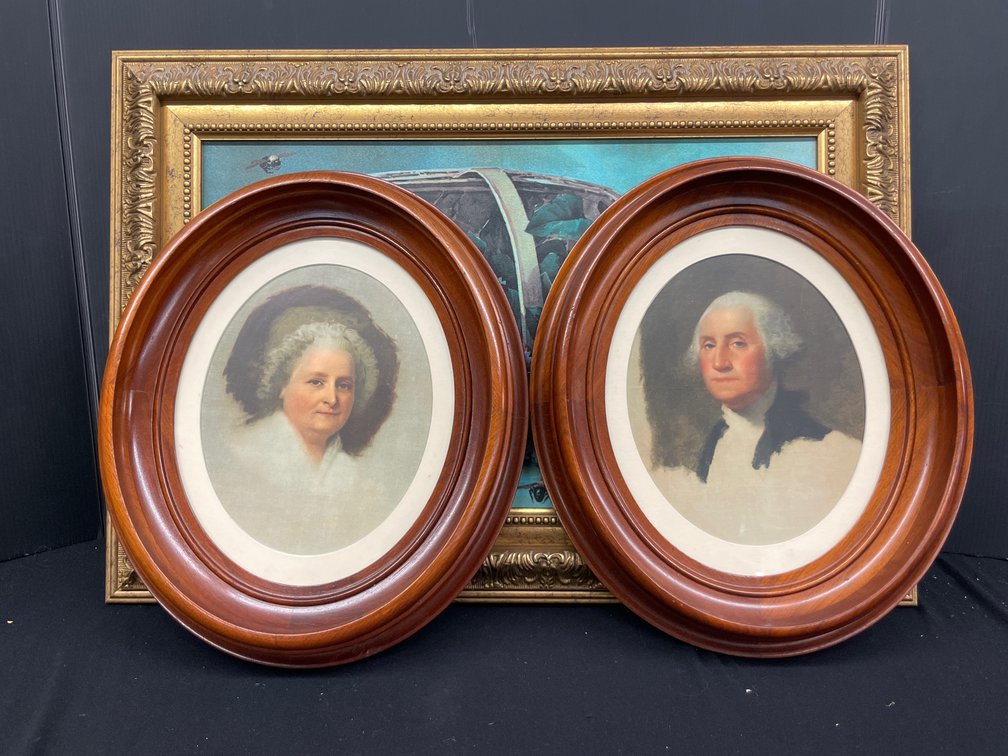 Framed Floral Print and Pair of Oval Washington Portraits
