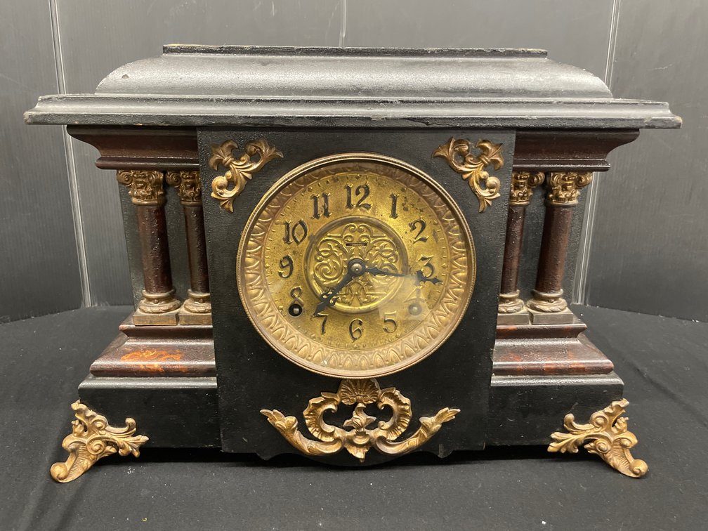 Black Architectural Mantel Clock with Columns
