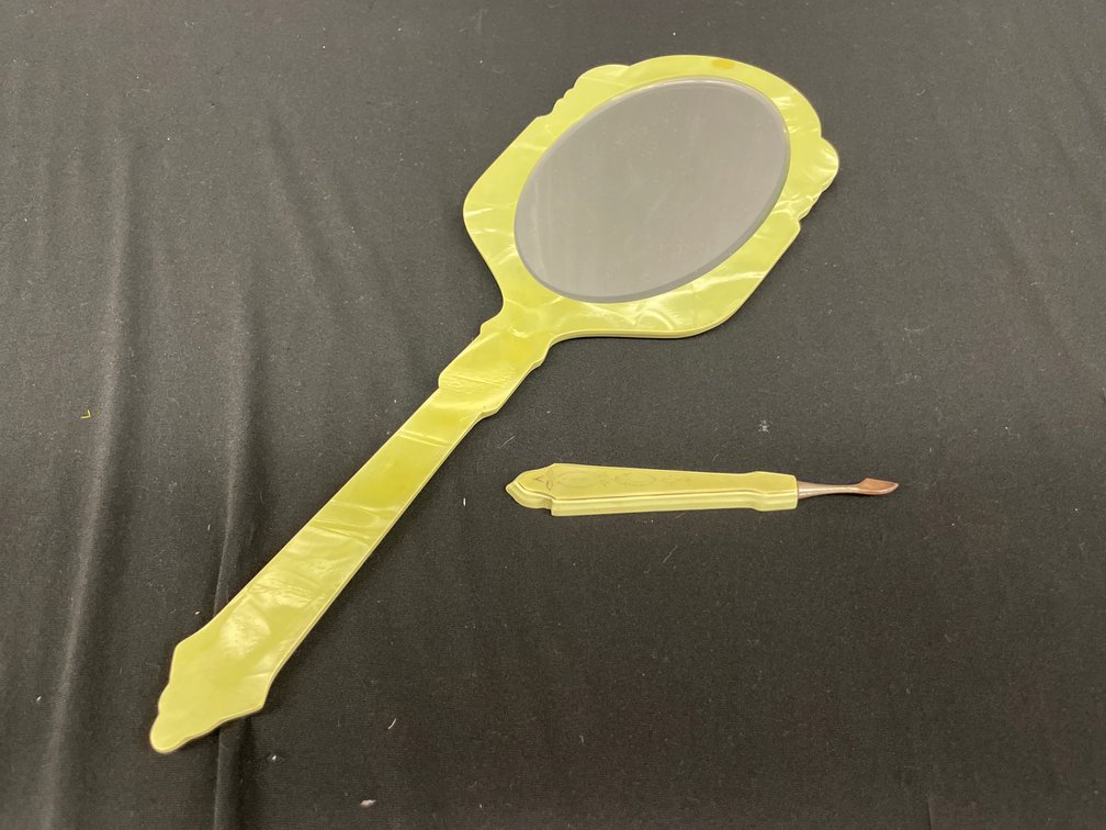 Pearlescent Celluloid Hand Mirror and Manicure Tool