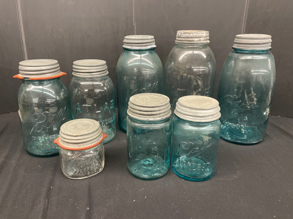 Aqua and Clear Glass Canning Jars with Zinc Lids
