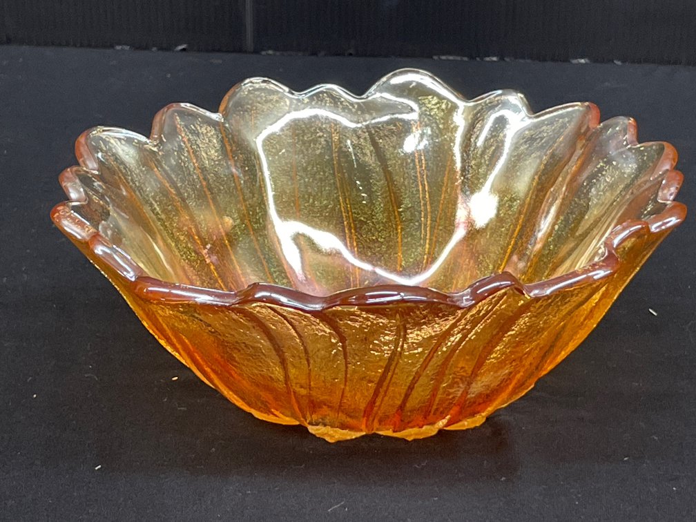 Marigold Iridescent Carnival Glass Ruffled Bowl