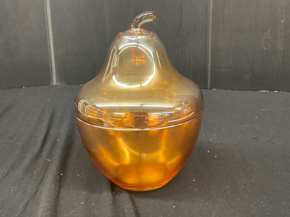 Amber Iridescent Glass Pear-Shaped Covered Dish