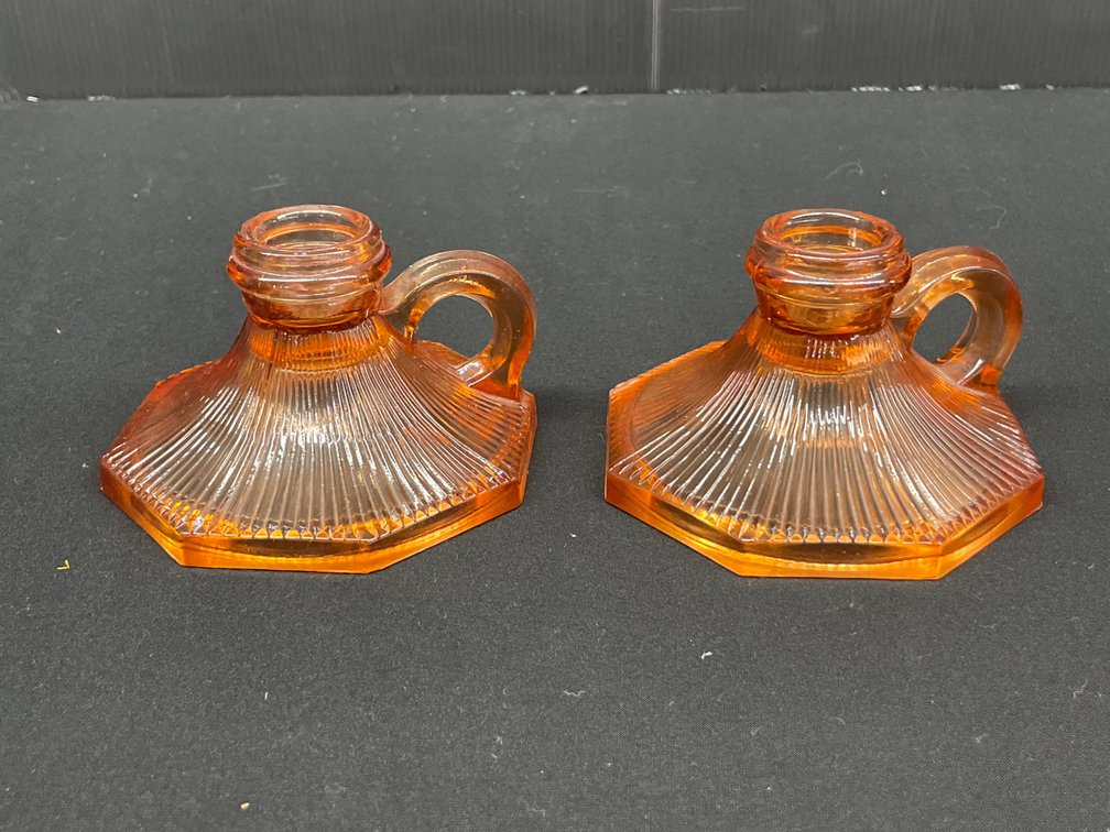 Amber Pressed Glass Chamberstick Candle Holders