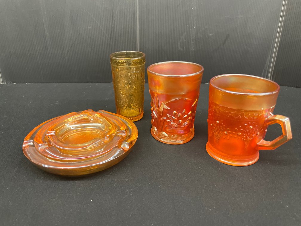 Marigold Carnival and Amber Glass Tumblers, Mug, and Ashtrays