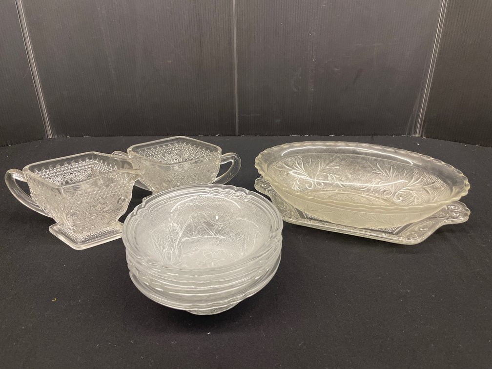 Clear Pressed Glass Bowls, Relish Dish, Creamer, and Sugar