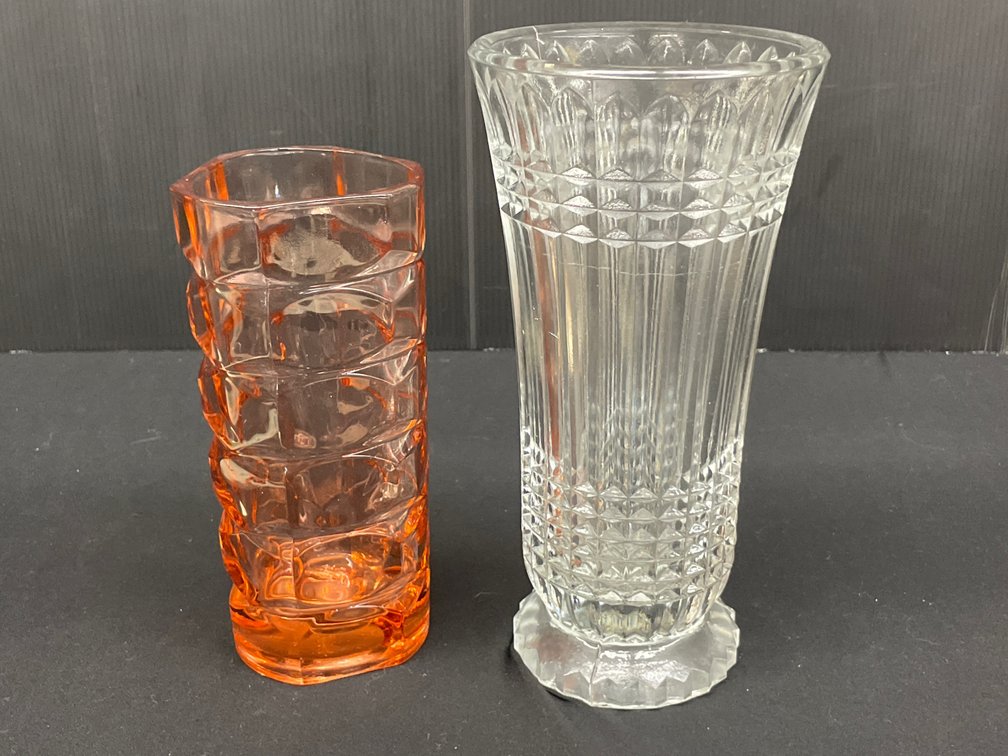 Clear Pressed Glass Footed Vase and Peach Glass Vessel