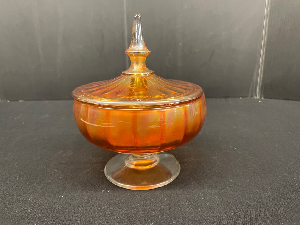 Marigold Carnival Glass Footed Covered Candy Dish