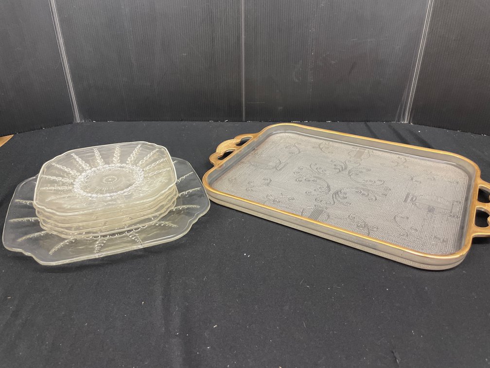 Pressed Glass Serving Tray and Sunburst Pattern Plates