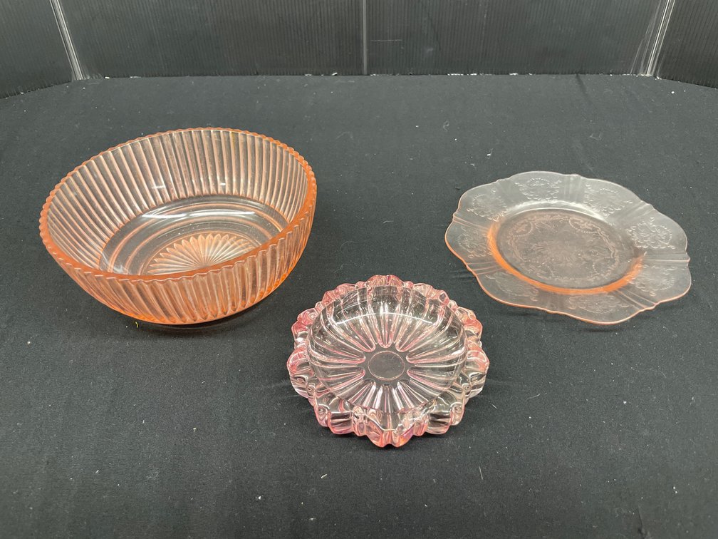 Pink Pressed Glass Bowl, Plate, and Dish