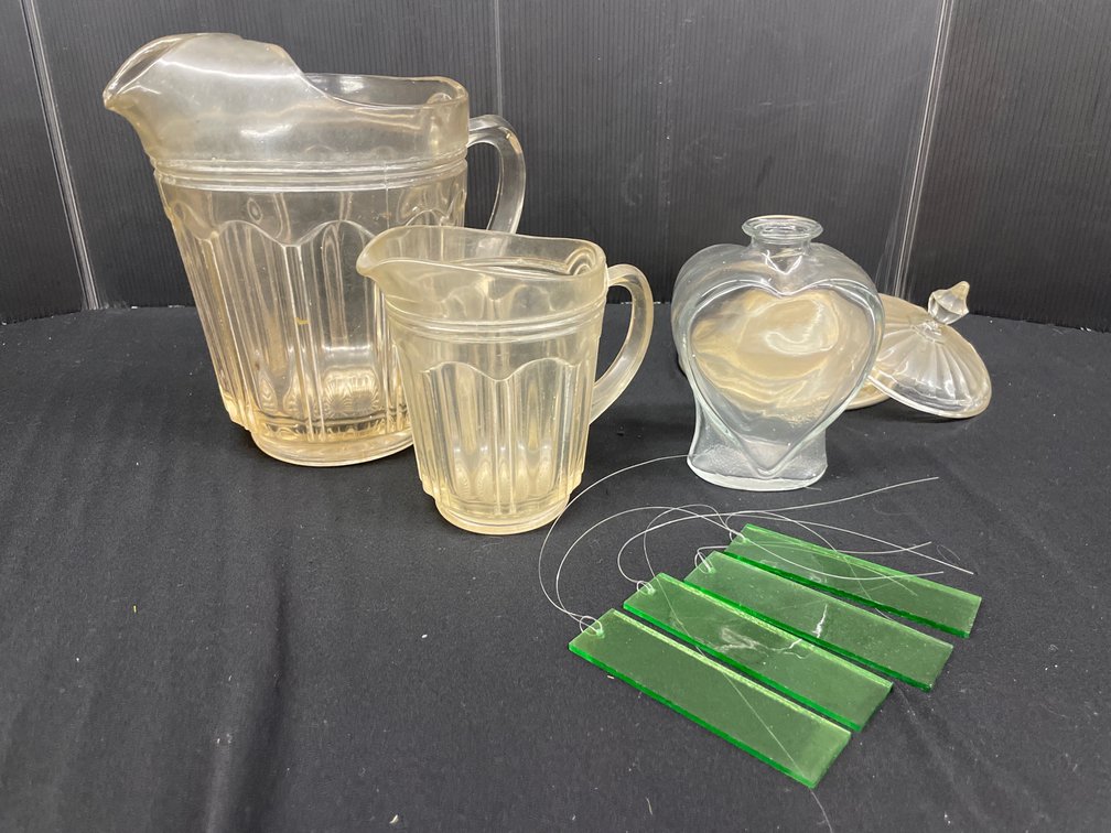 Molded Pitchers, Heart-Shaped Glass Bottle, and Glass Chime