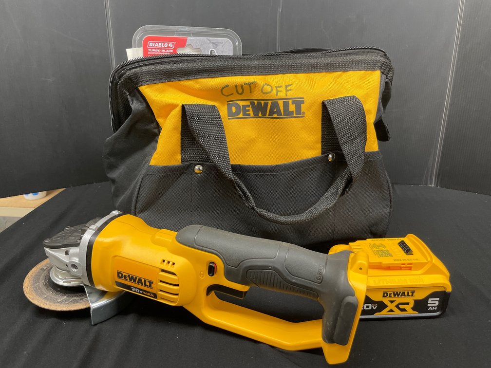 Cordless Angle Grinder, Battery, Blades, and Tool Bag