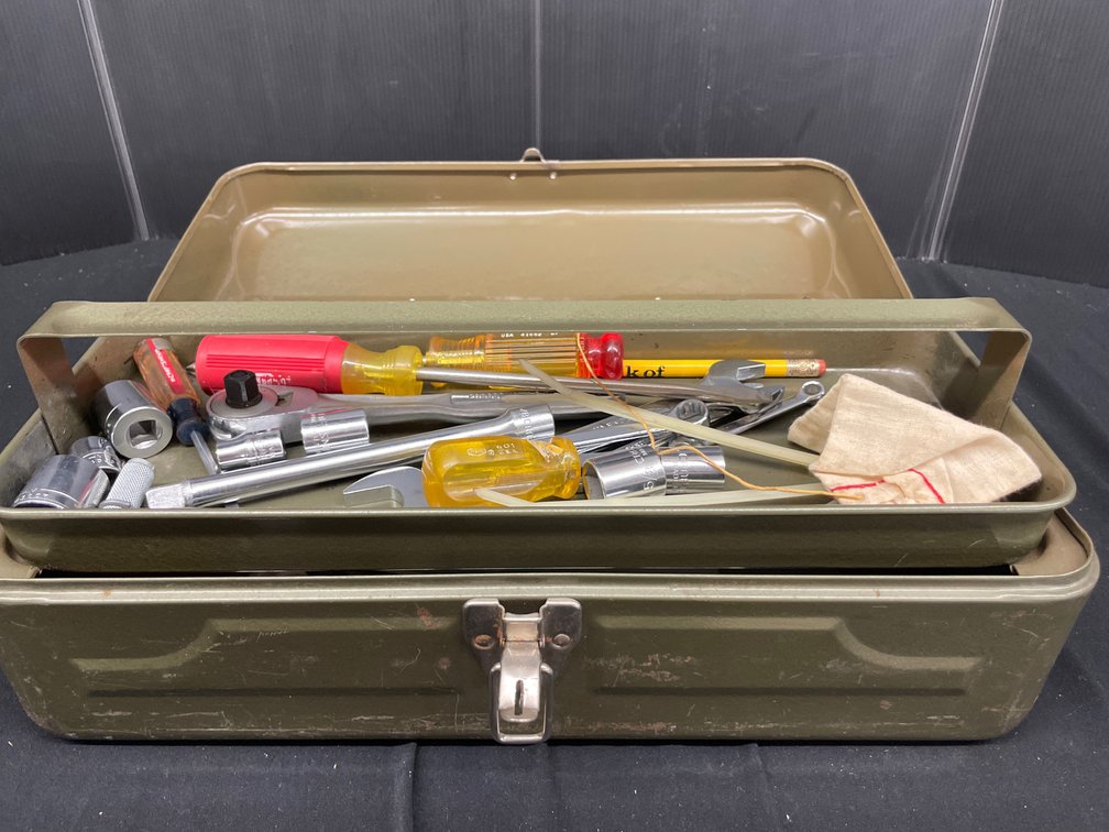 Metal Toolbox with Sockets, Wrenches, Screwdrivers, and More