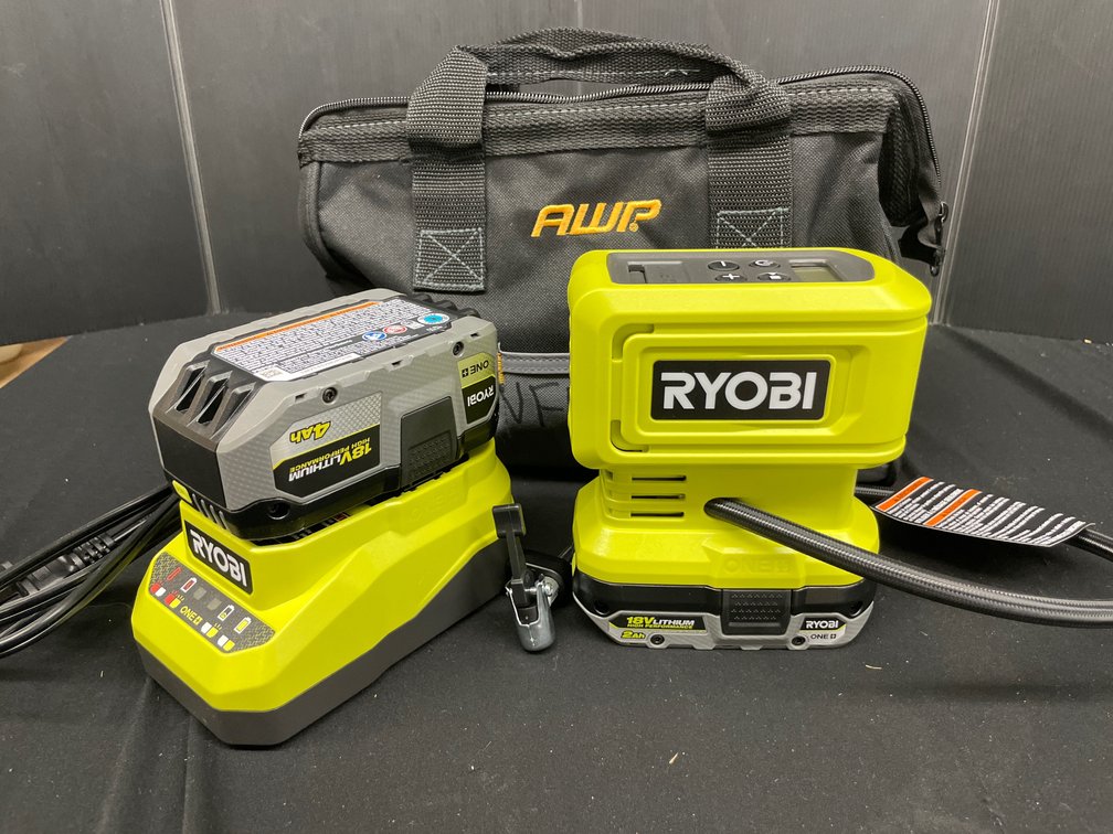 Cordless Inflator, Batteries, Charger, and Tool Bag