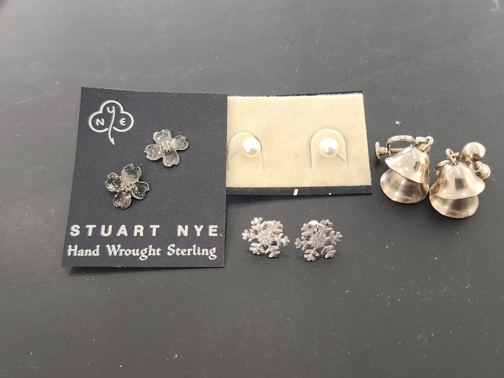 Sterling Silver Dogwood, Pearl, and Screw-Back Earrings