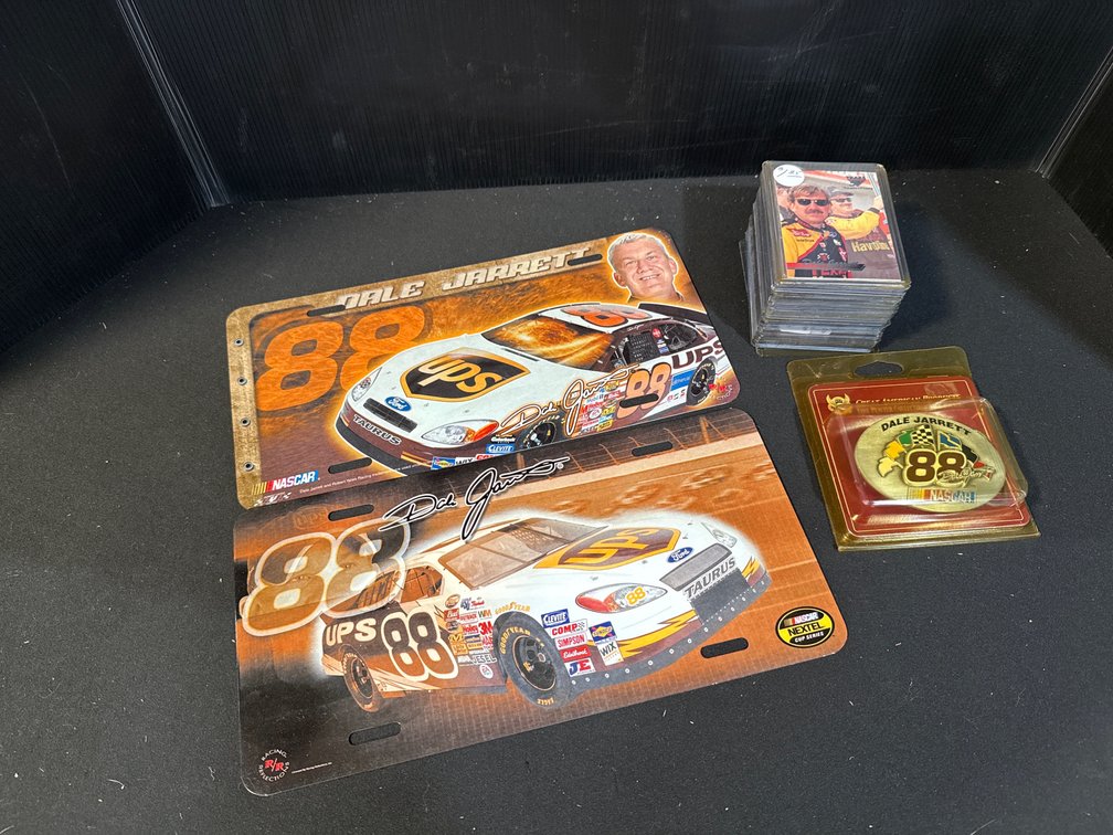 Dale Jarrett License Plates, Pewter Belt Buckle, and Trading Cards