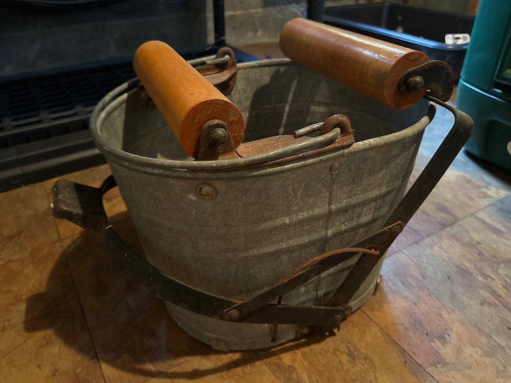 Galvanized Metal Mop Bucket with Wooden Wringer Rollers
