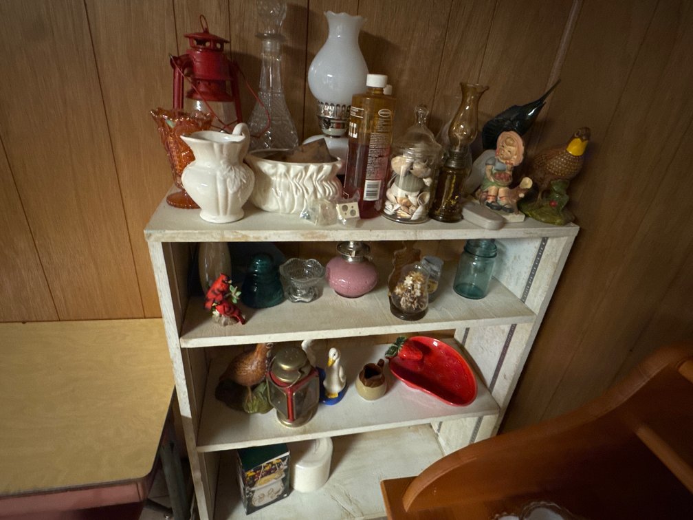 Painted Wooden Shelf, Glassware, Oil Lamps, and More