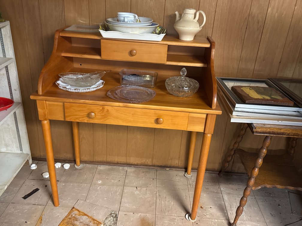 Wood Writing Desk, Glassware, and Tableware