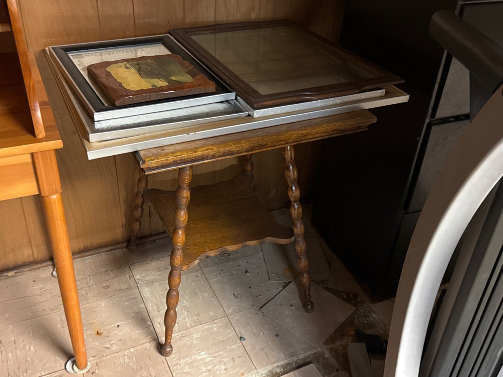 Wood Accent Table with Spool Legs, Frames, Plaque