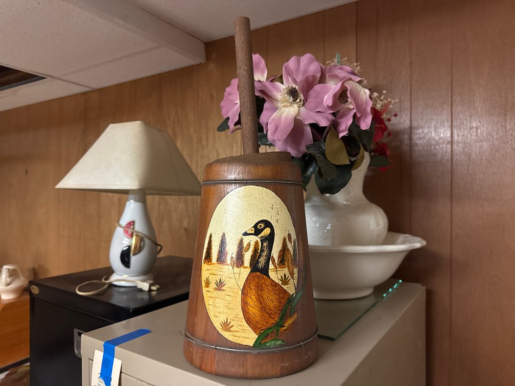 Wooden Butter Churn, Ceramic Pitcher and Basin Set, and Table Lamp