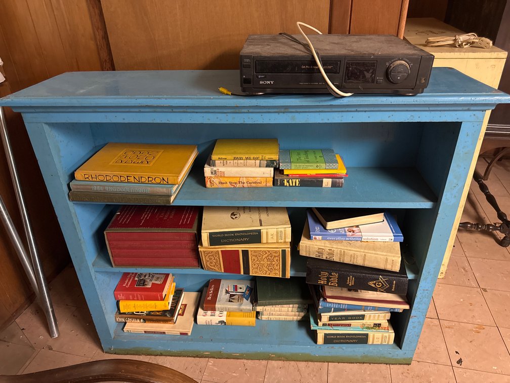 Painted Wooden Bookcase, VCR, Books, and More