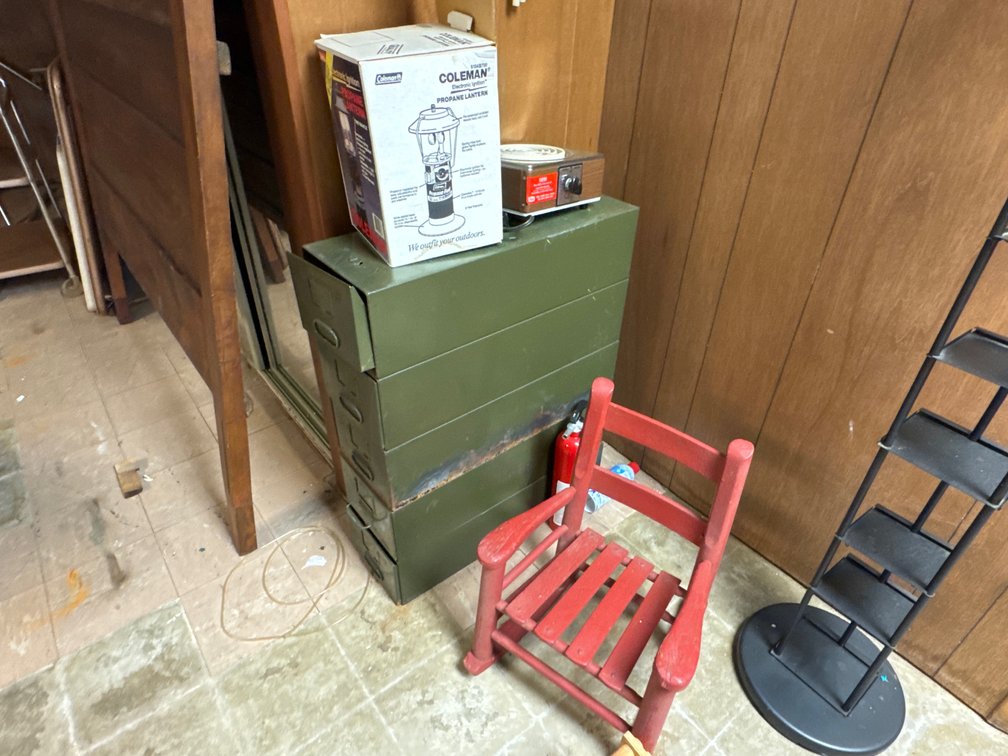Child's Rocking Chair, Metal Boxes, Lantern