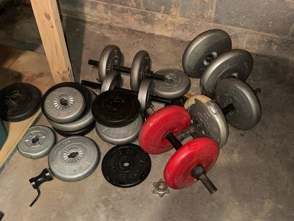 Cast Iron and Vinyl Weight Plates with Dumbbell Bars