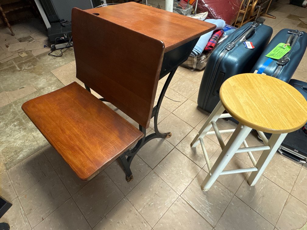 Iron School Desk with Bench & Wooden Stool