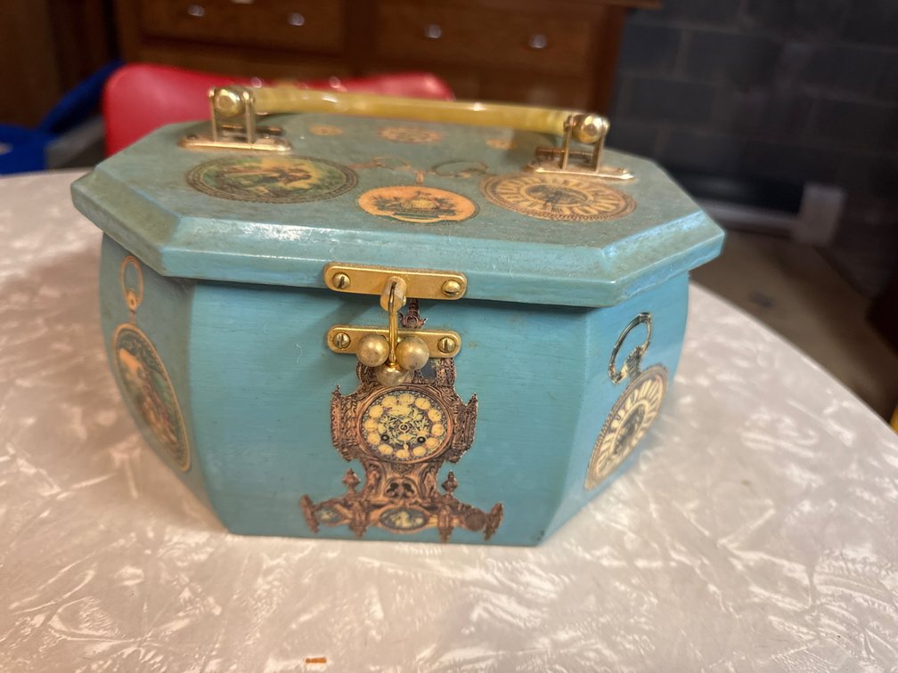 Octagonal Wooden Box Purse with Decoupage Clock Motifs