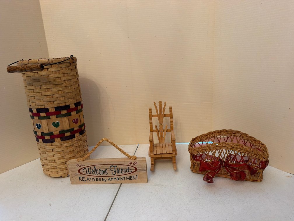 Woven Baskets, Clothespin Rocking Chair, and Wooden Sign