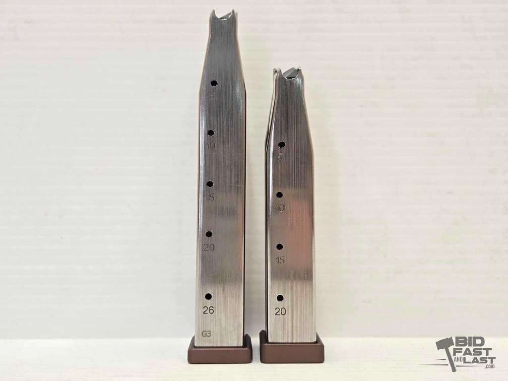 (2)Taran Tactical Innovations 9mm Pistol Magazines, 20rd & 26rd, Silver with Bronze Base Pads