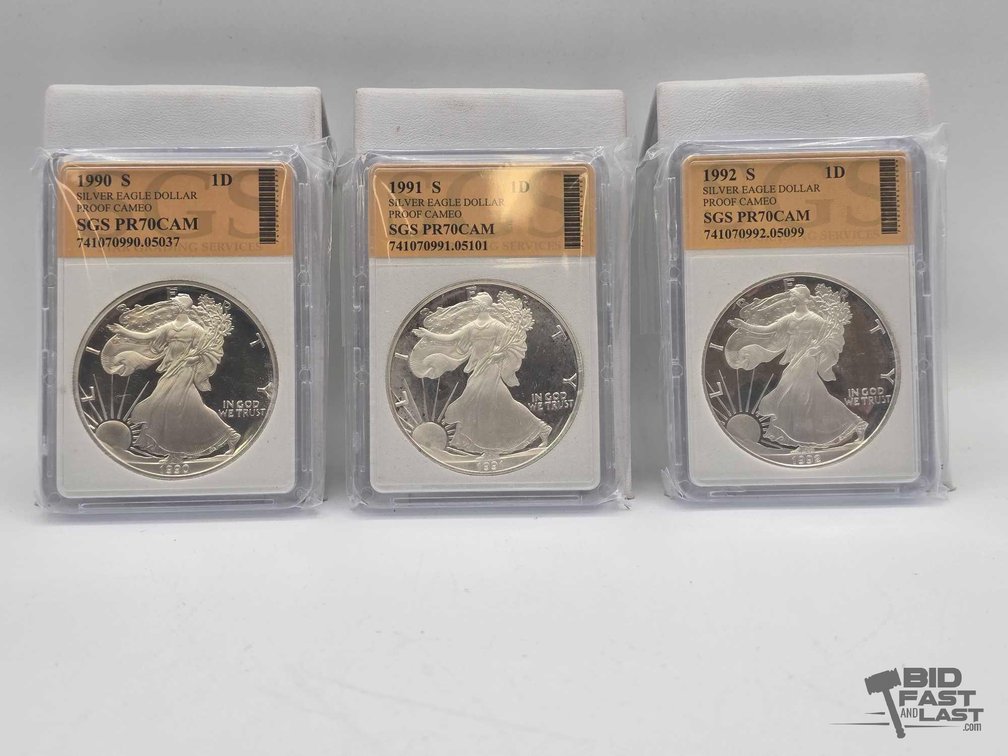 (3) 1990-1992 American Silver Eagle Dollars