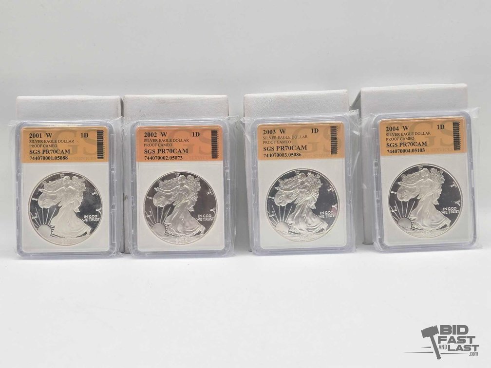 (4) 2001-2004 American Silver Eagle Dollars