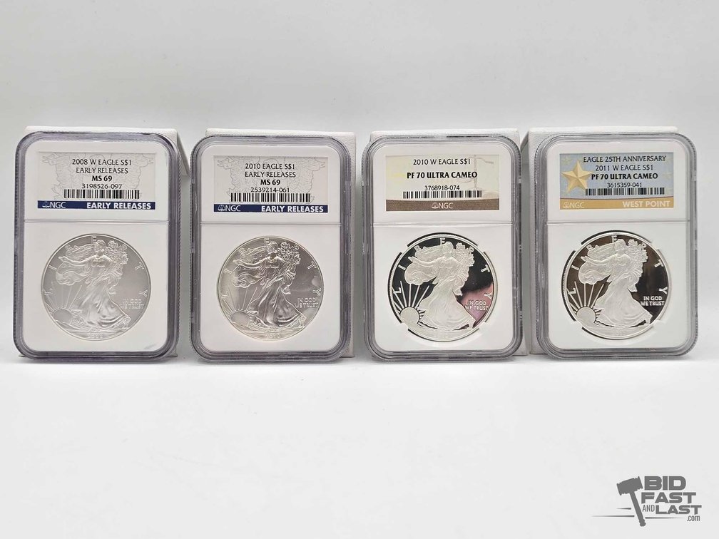 (4) 2008-2011 American Silver Eagle Dollars