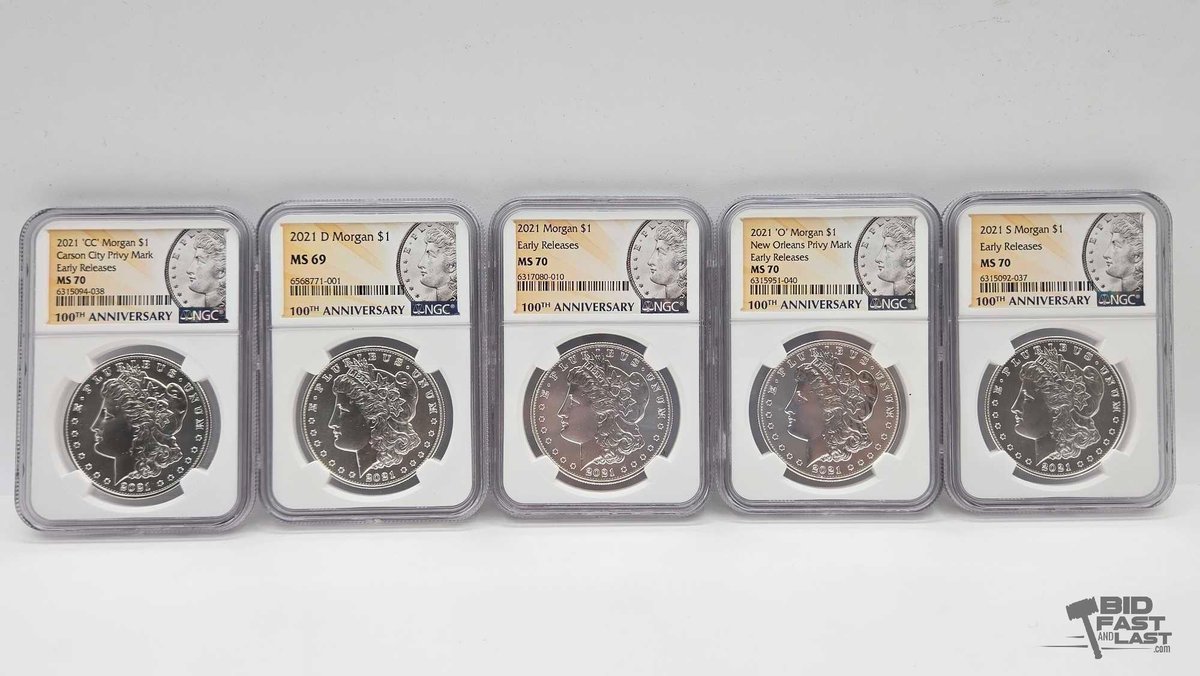 (5) 2021 Morgan Silver Dollars .999 4.2ozt Silver