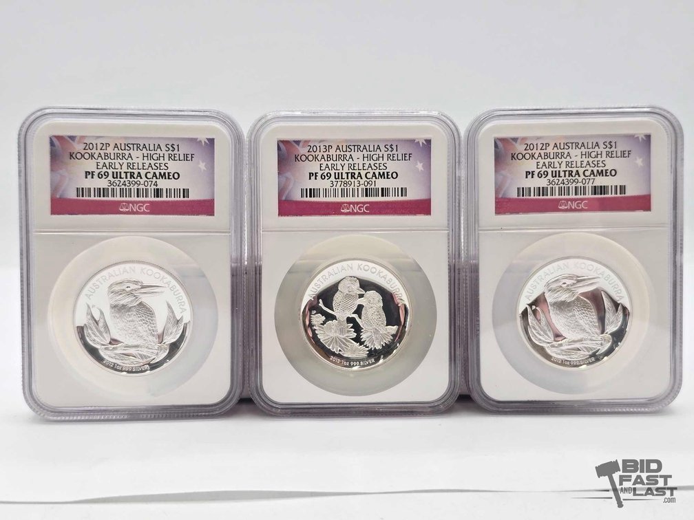 (3) 2012-2013 Australian Kookaburra High Relief Early Release Silver Dollars