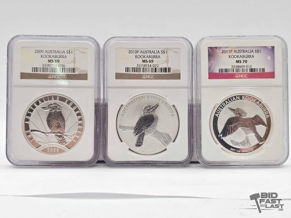 (3) Graded 2009-2011 Australian Kookaburra Silver Dollars