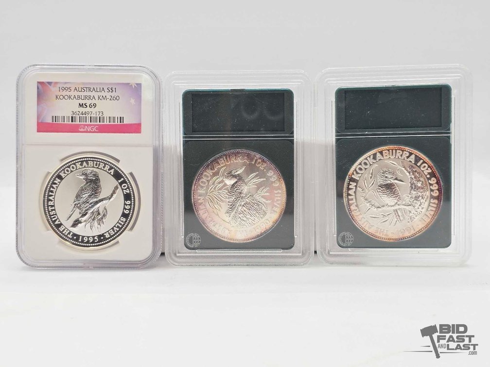 (3) 1990-1995 Australian Kookaburra $1 and $5 Silver Coins