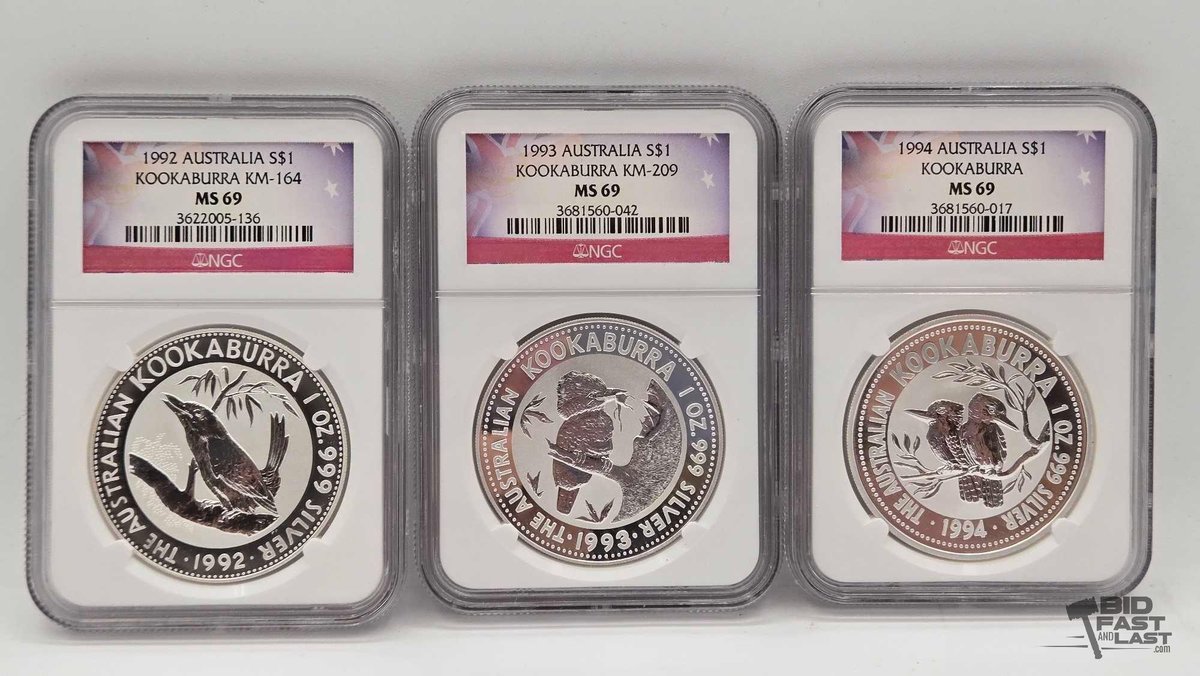(3) Australian Kookaburra Silver Dollars
