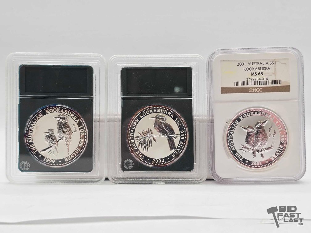 (3) 1999-2001 Australian Kookaburra Silver Dollars