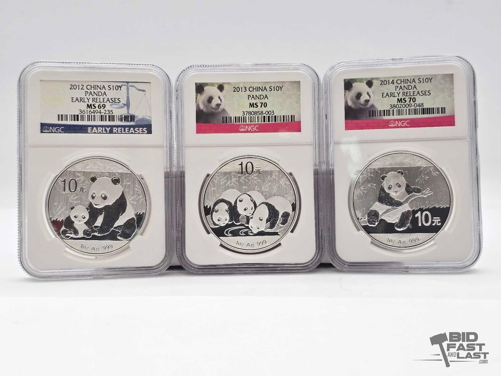 (3) 2012-2014 Chinese Panda 1oz Silver Coins