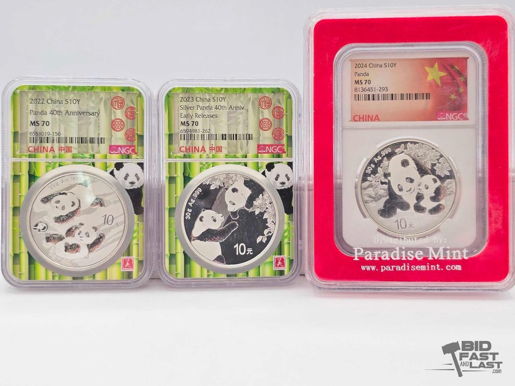 (3) 2022-2024 Chinese Panda 1oz Silver Coins