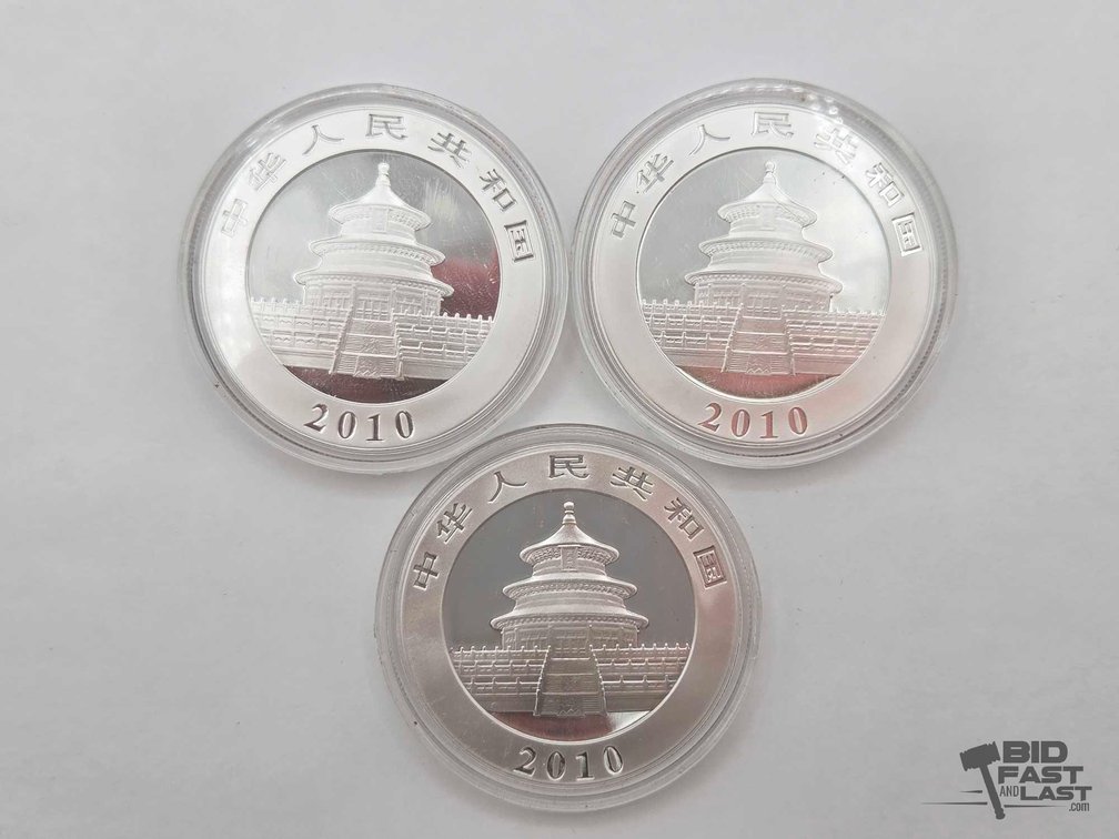 (3) 2010 Chinese Panda 1oz .999 Silver Coins